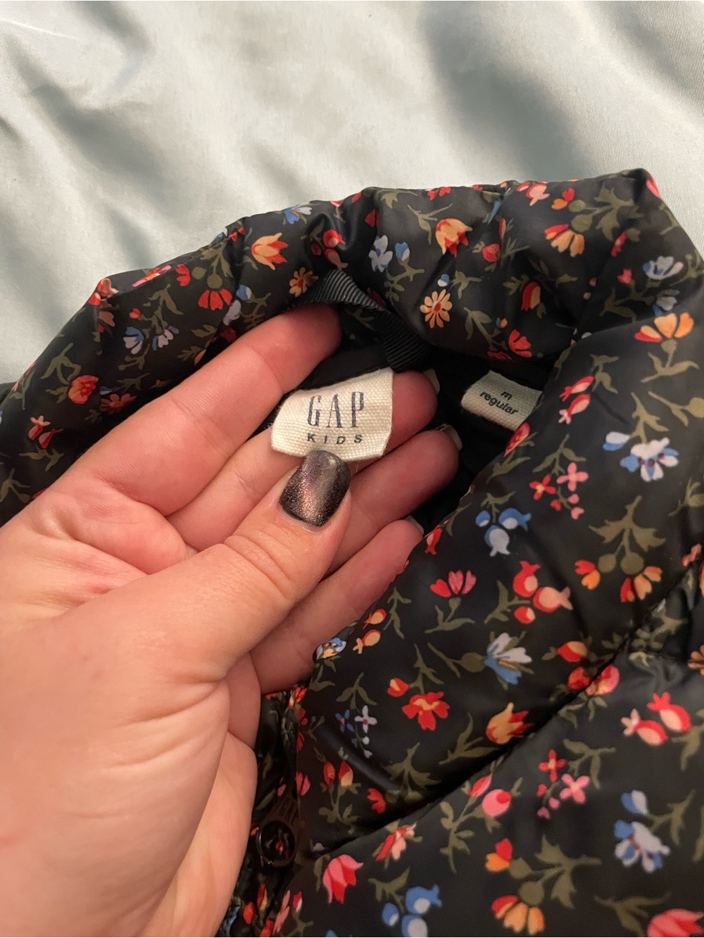 GAP Black Floral Puff Jacket with Red & Blue Accents